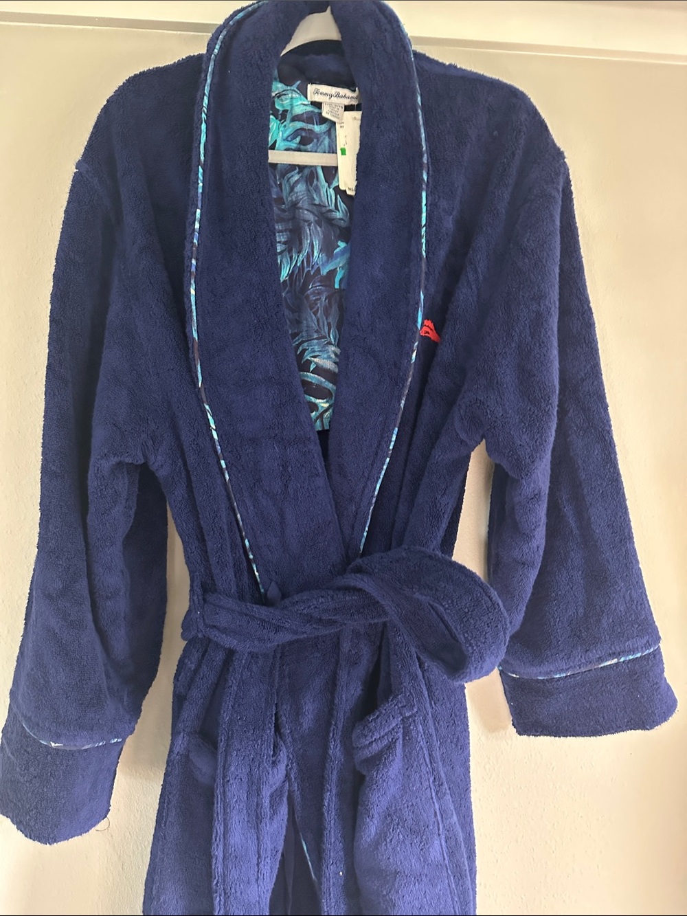 Tommy Bahama Navy Plush Robe with Teal Tropical Lining